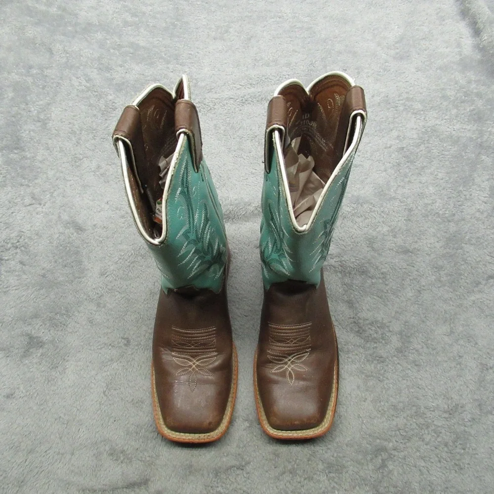 Justin Cowboy Boot Youth 1D Square Toe Brown Turquoise Western Embroidery Riding